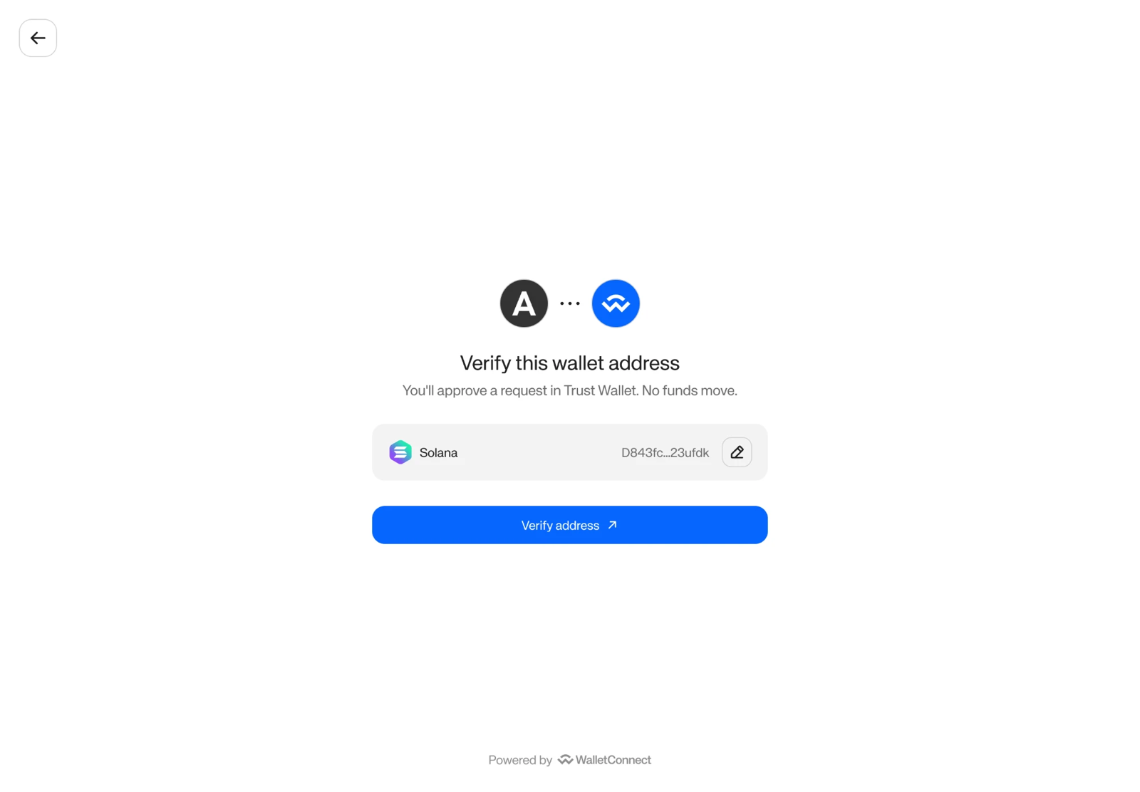 Review screen showing the Solana network and shortened address, the wallet that will ask for approval, and a Verify address button